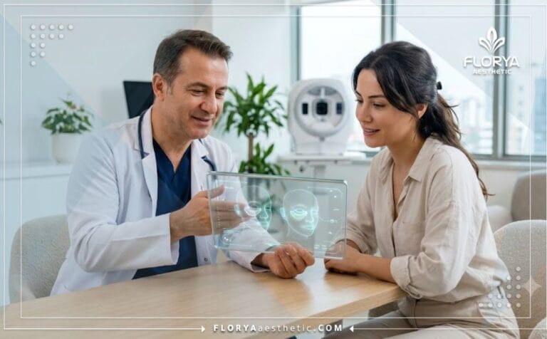 Médecin utilisant une tablette numérique pour planifier l'Élimination des poches sous les yeux en Turquie.
