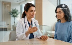 Médico profesional explicando la eliminación de grasa bajo los ojos en Turquía con una tableta digital.