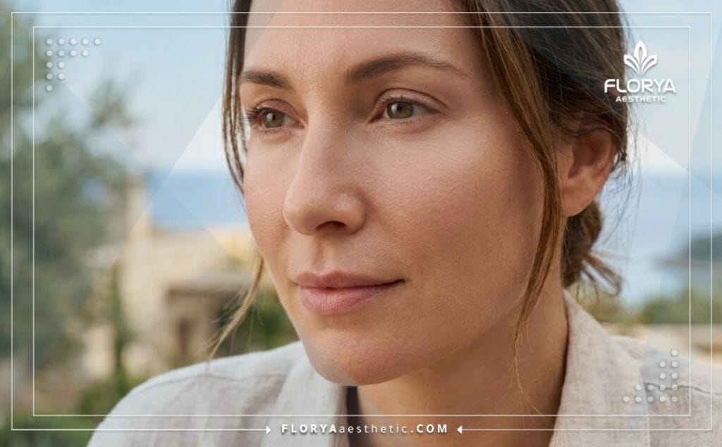 Gros plan montrant le résultat esthétique parfait et lisse après l'opération sous les yeux.