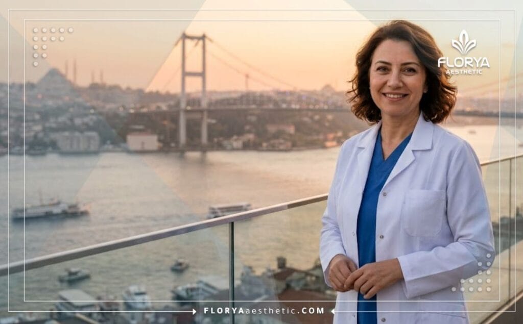 Médecin esthétique souriant à Istanbul avec le pont du Bosphore en arrière-plan invitant les patients.
