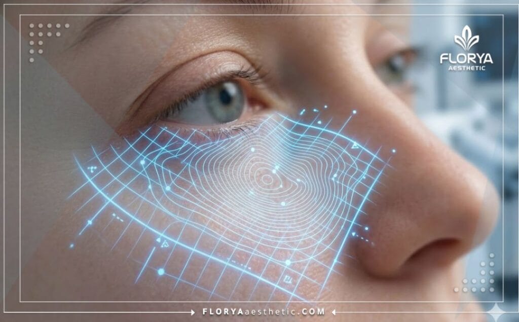 High-tech digital 3D mesh visualization focusing purely on the under-eye anatomy.