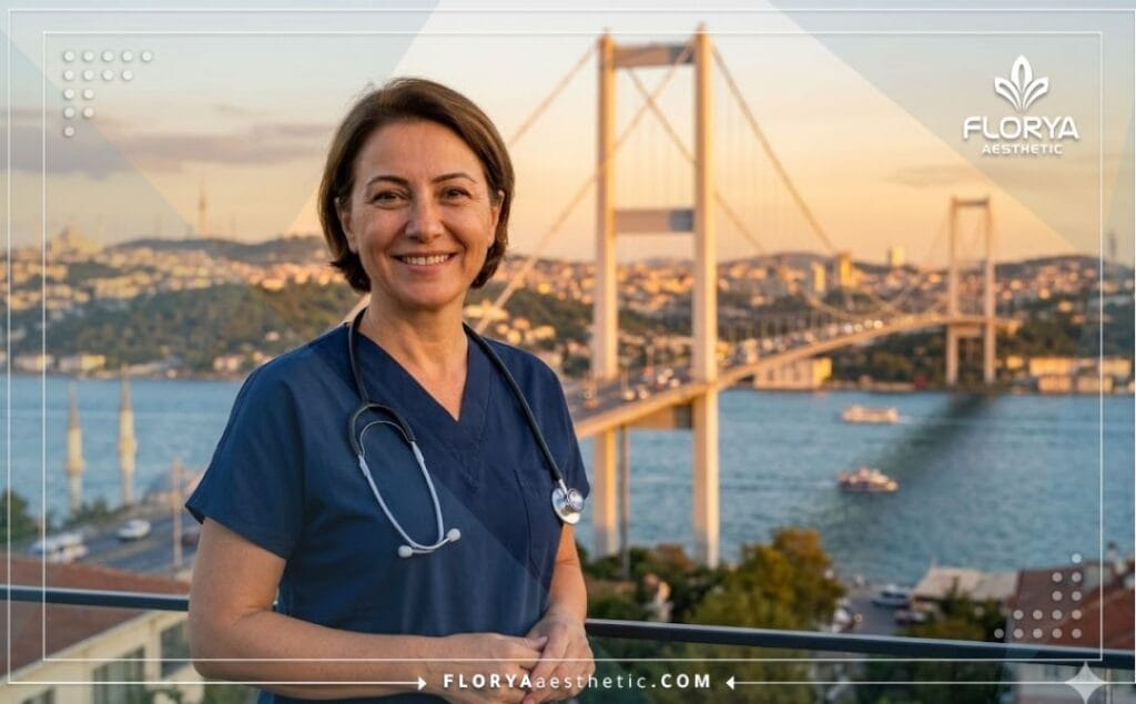 Friendly aesthetic doctor welcoming patients to an Istanbul clinic with the Galata Tower behind.