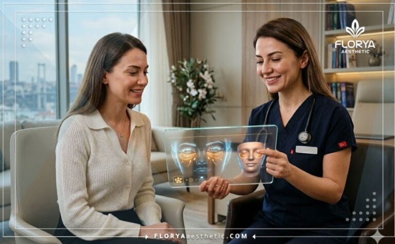 طبيب محترف يعرض خطة حقن الدهون تحت العين في تركيا على جهاز لوحي بتقنية عالية