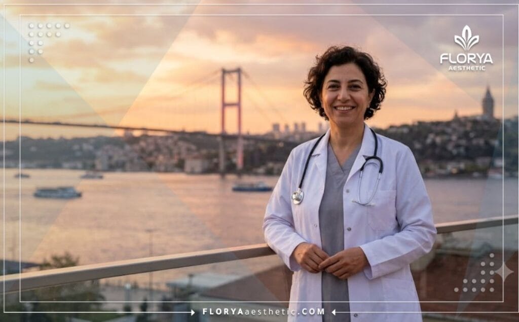 طبيب يبتسم بملابس طبية وخلفيته جسر البوسفور الشهير في إسطنبول