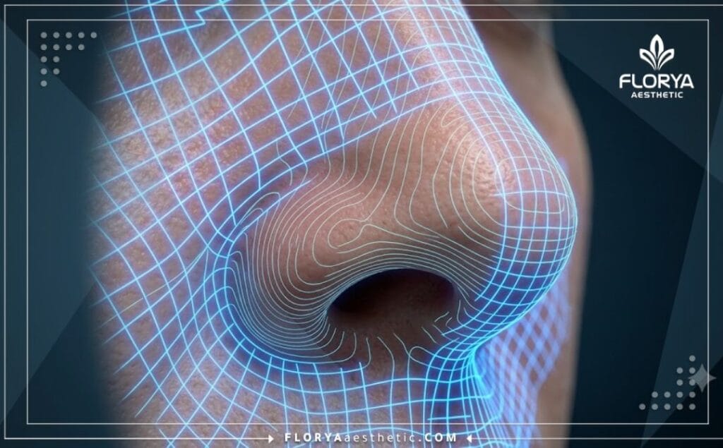 مسح ثلاثي الأبعاد دقيق لمنطقة فتحات الأنف قبل الجراحة.