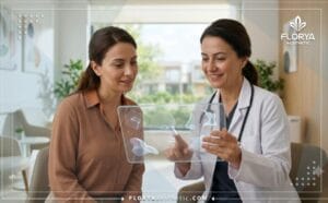 طبيب محترف يناقش خطة تصغير فتحات الأنف جراحياً في تركيا عبر شاشة ذكية.