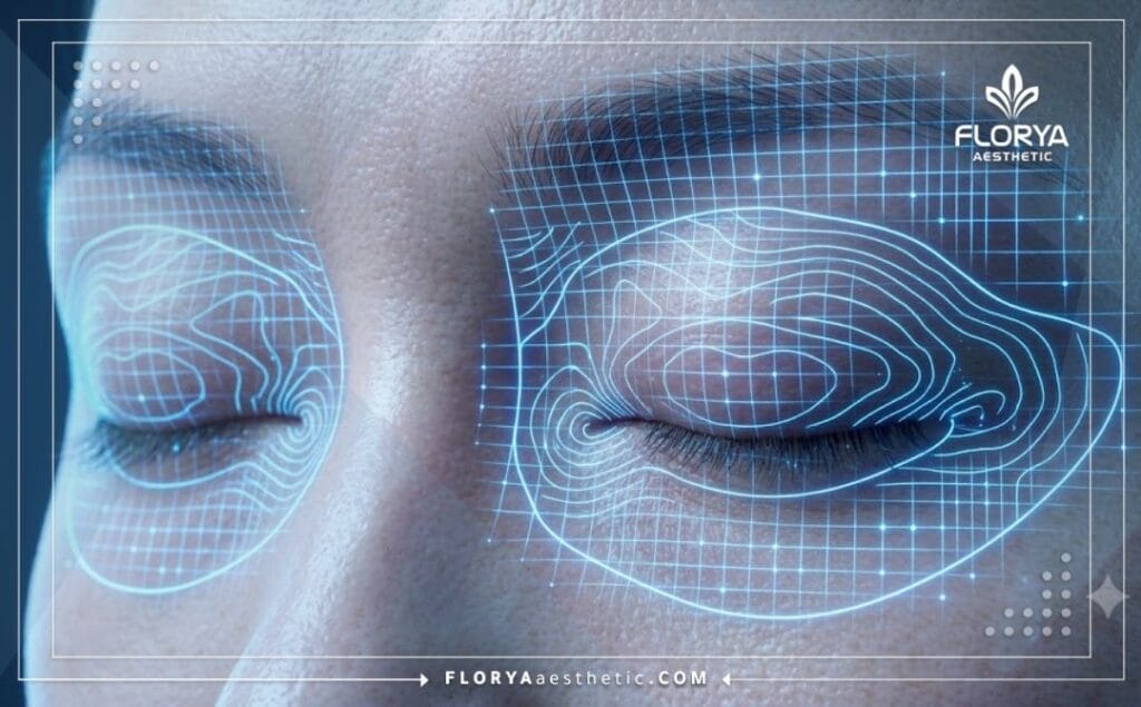 High-tech 3D macro surface scan highlighting the precise eyelid anatomical region.