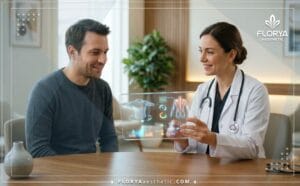 طبيب يشرح خطة العلاج في أفضل عيادة نحت الجسم رباعي الأبعاد في تركيا باستخدام تقنية رقمية حديثة.