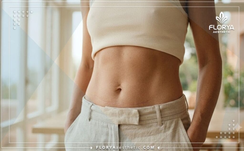 Toma cinematográfica de cerca que destaca el resultado exitoso y plano de un abdomen después de la cirugía.