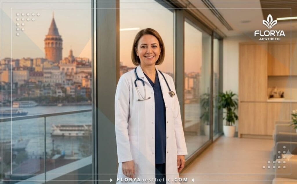 Médico profesional y sonriente con una espectacular vista de fondo de la Torre de Gálata en Estambul.