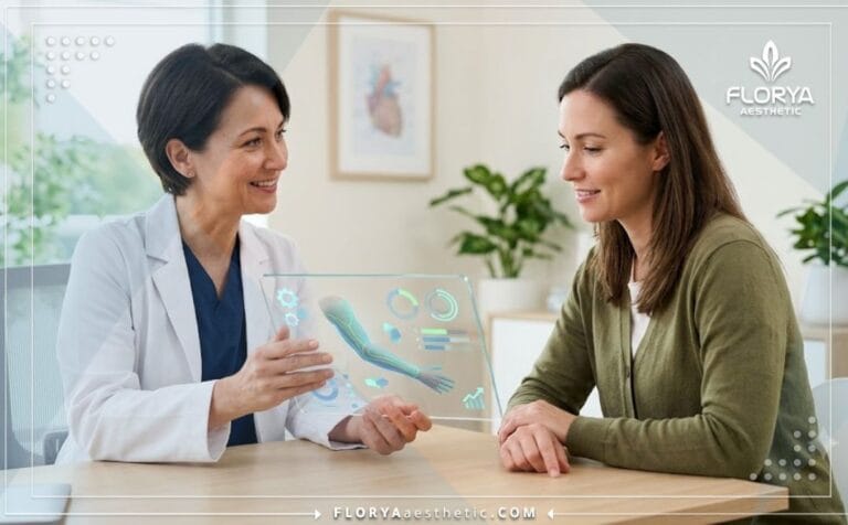طبيب يشرح خطة العلاج داخل أفضل عيادة نحت الذراعين باستخدام التكنولوجيا.