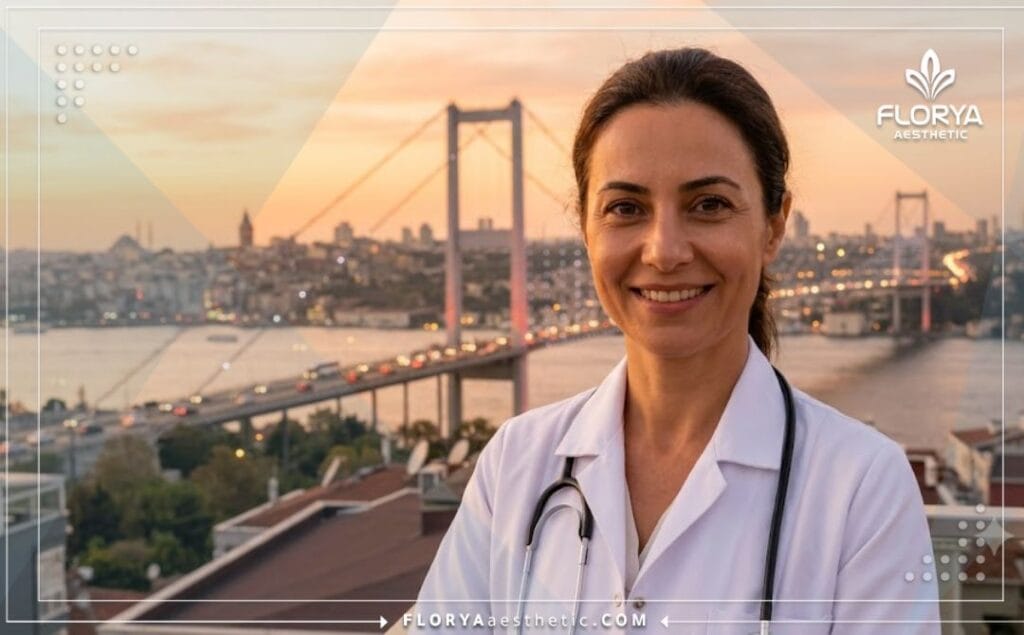 Friendly expert plastic surgeon welcoming patients in Istanbul with landmarks in background