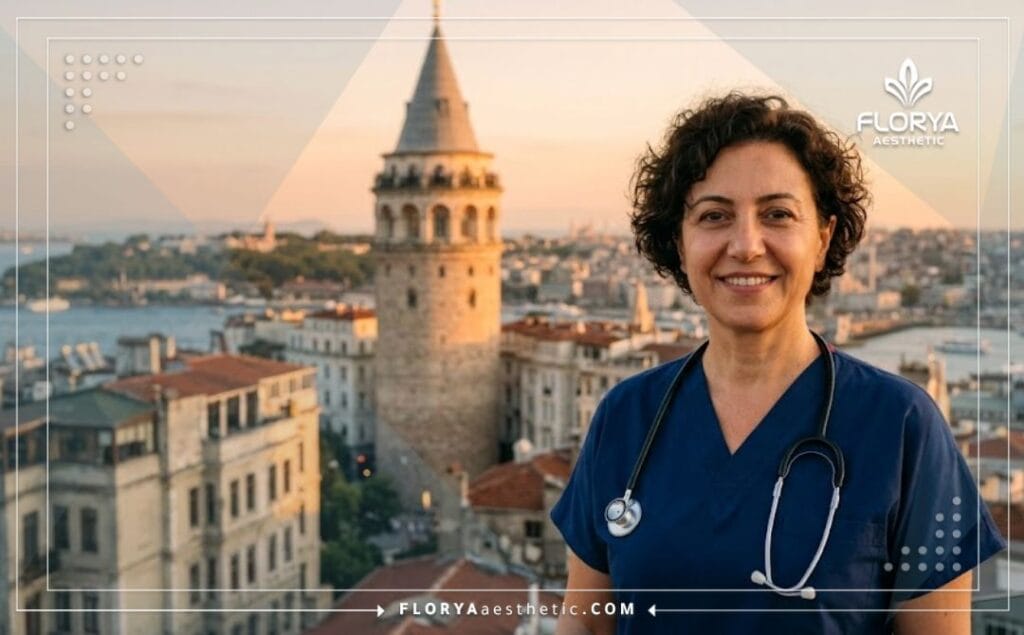 Chirurgien esthétique accueillant souriant à Istanbul devant le pont du Bosphore.