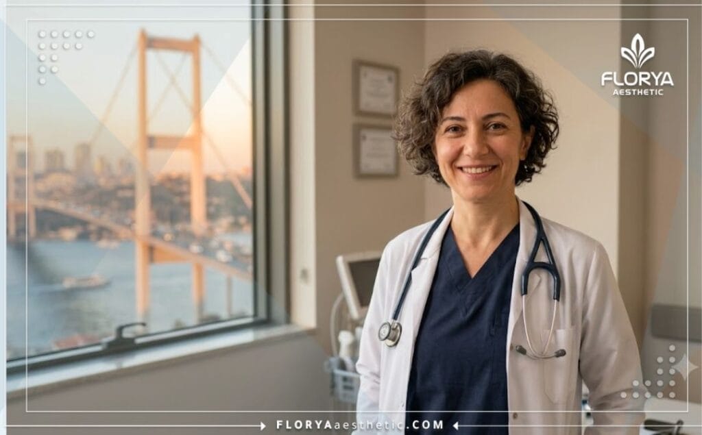 Médecin expert accueillant avec le célèbre pont du Bosphore à Istanbul en arrière-plan.
