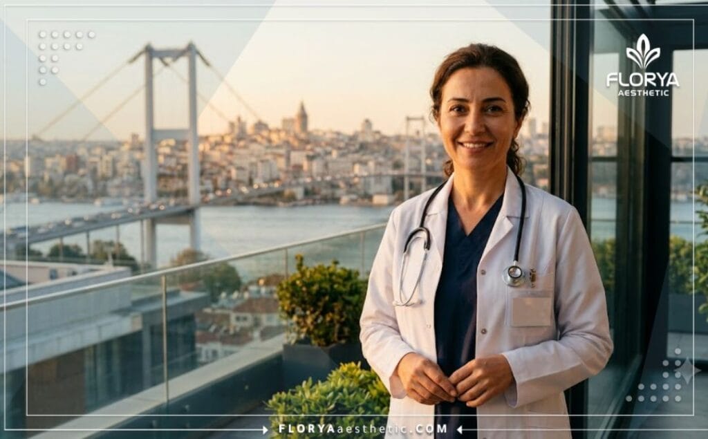طبيب خبير يبتسم أمام جسر البوسفور في اسطنبول ليرحب بالمرضى