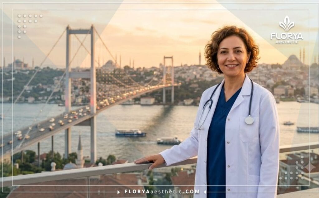 طبيب خبير في تجميل الجفون يبتسم بثقة مع خلفية لمعالم مدينة اسطنبول