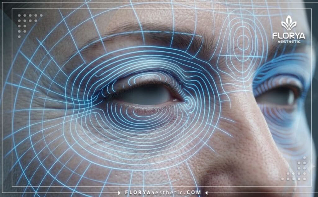 Visualisation en 3D haute technologie montrant un balayage laser précis ciblant la zone délicate du contour des yeux.