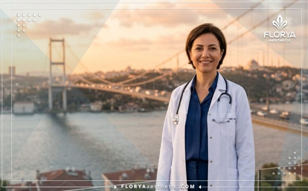 Especialista médico amable dando la bienvenida a sus pacientes con la hermosa ciudad de Estambul de fondo.