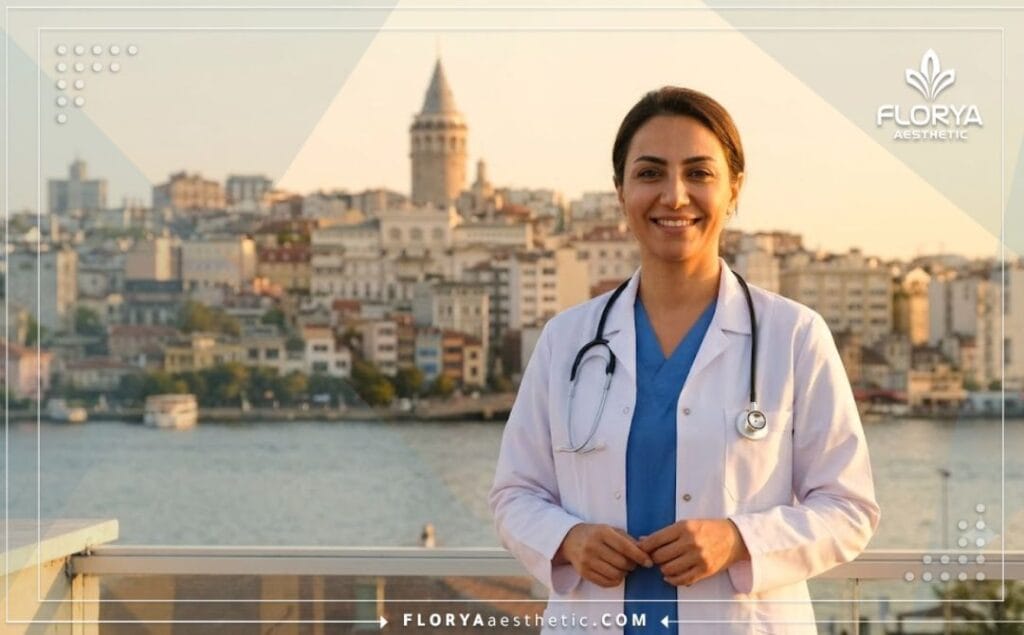 Un médecin spécialiste souriant dans son cabinet avec une vue magnifique sur le pont du Bosphore à Istanbul.
