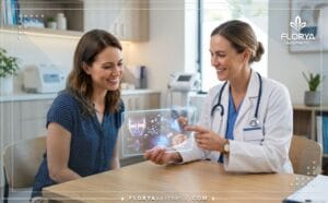 طبيب يشرح خطة علاج أفضل دكتور فيلر الهالات السوداء للمريض باستخدام جهاز لوحي متطور.
