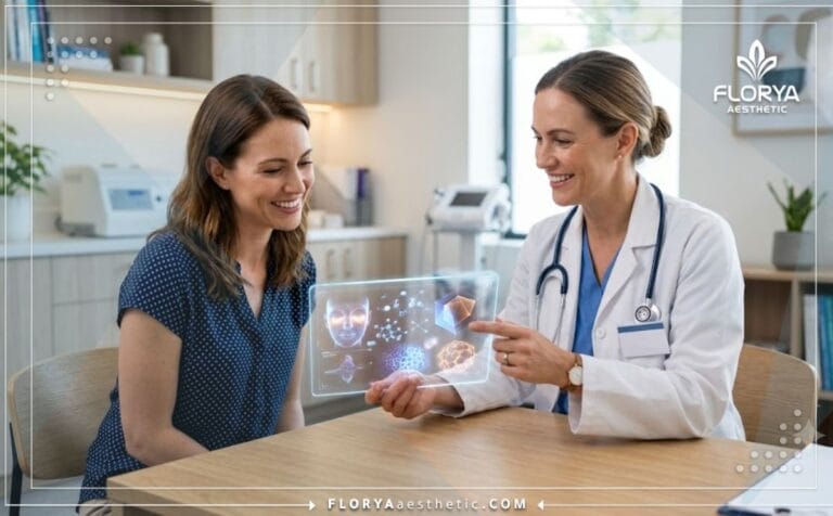 طبيب يشرح خطة علاج أفضل دكتور فيلر الهالات السوداء للمريض باستخدام جهاز لوحي متطور.