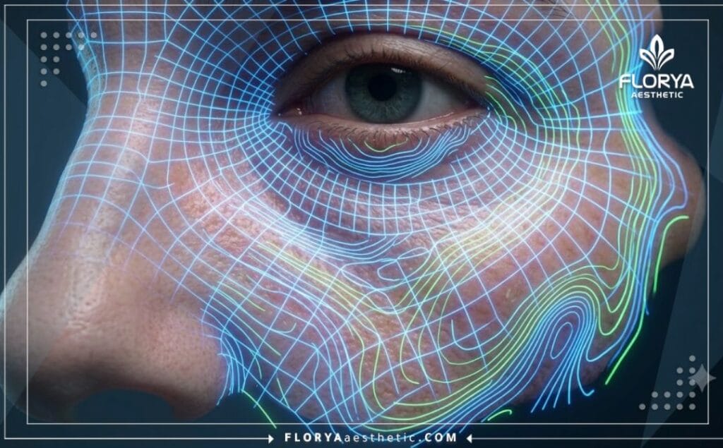 مجسم رقمي ثلاثي الأبعاد مع شبكة ليزر تركز بدقة على منطقة الهالات السوداء وتحت العين.