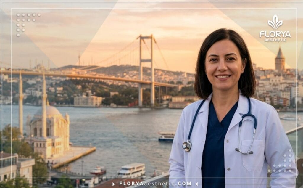 طبيب يبتسم بملابس طبية مع خلفية لـ جسر البوسفور الشهير في إسطنبول وقت الغروب.