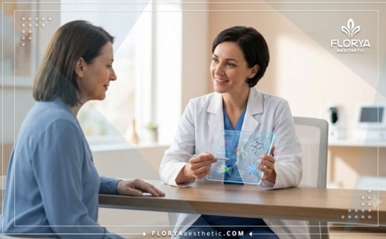 طبيب خبير يشرح خطة العلاج الرقمية داخل أفضل عيادة علاج عدم تناسق الثديين باستخدام تكنولوجيا متقدمة.