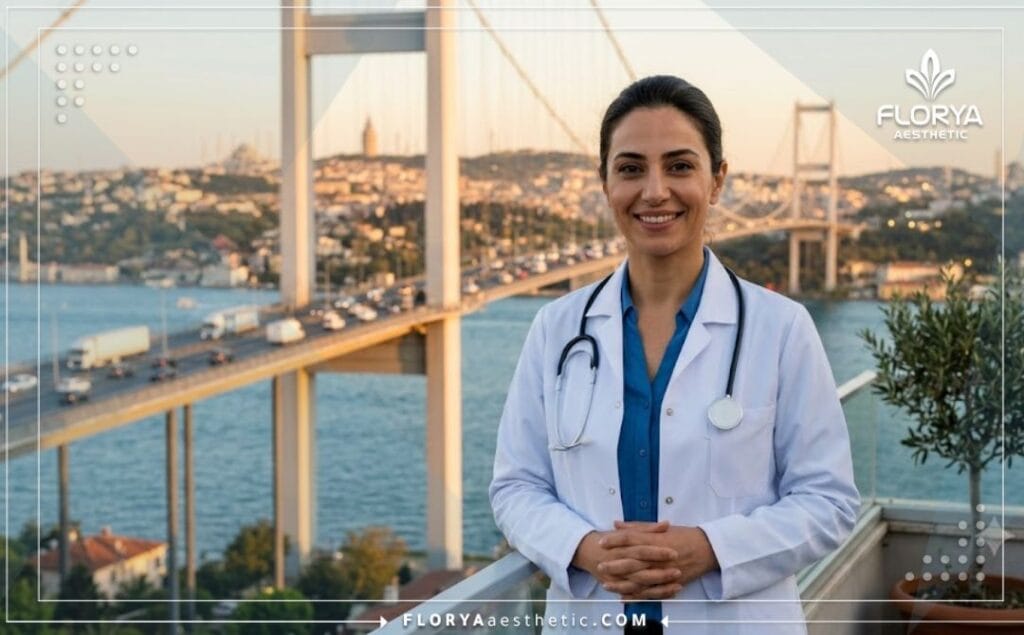 طبيب تجميل يبتسم مع جسر البوسفور في إسطنبول بالخلفية