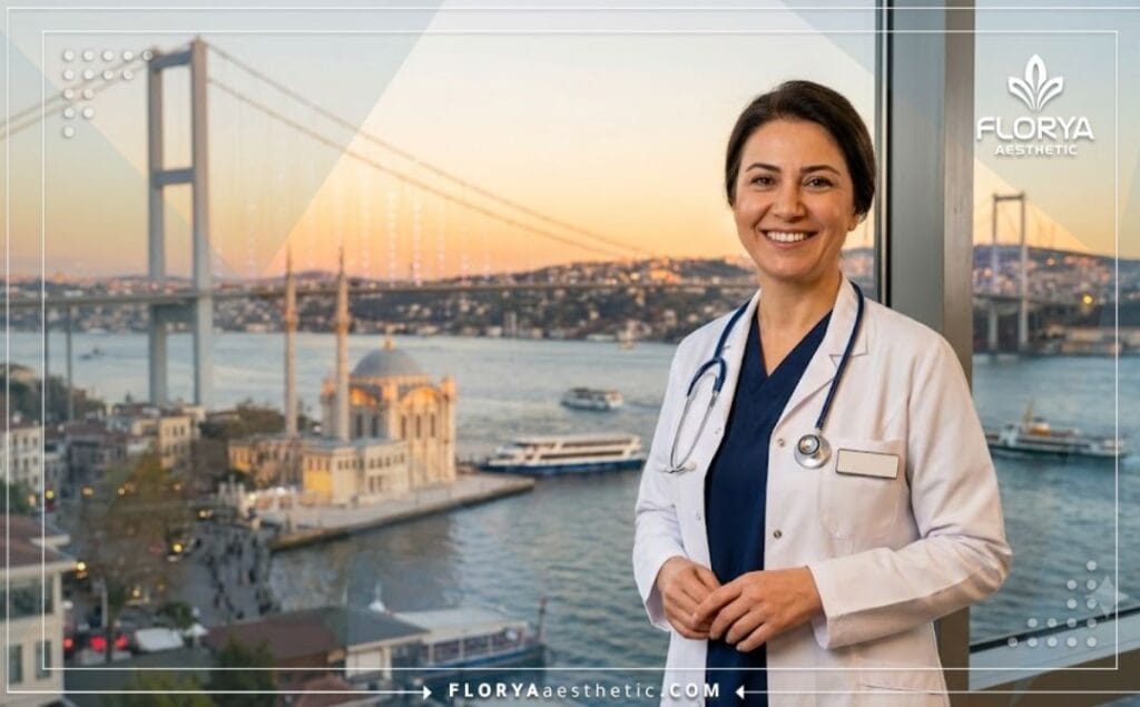 Professional friendly surgeon smiling warmly in Istanbul with the Bosphorus Bridge in the background