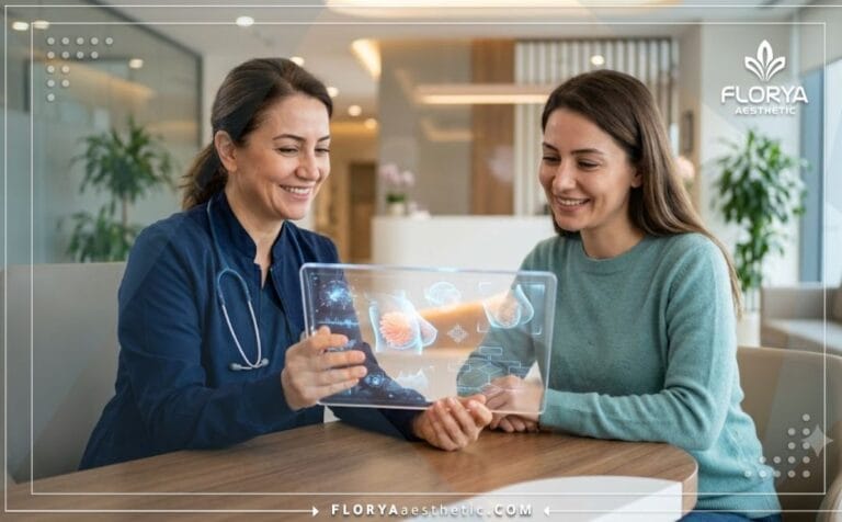 طبيب يشرح خطة العلاج داخل أفضل عيادة ترميم الثدي في تركيا باستخدام تقنيات رقمية متطورة