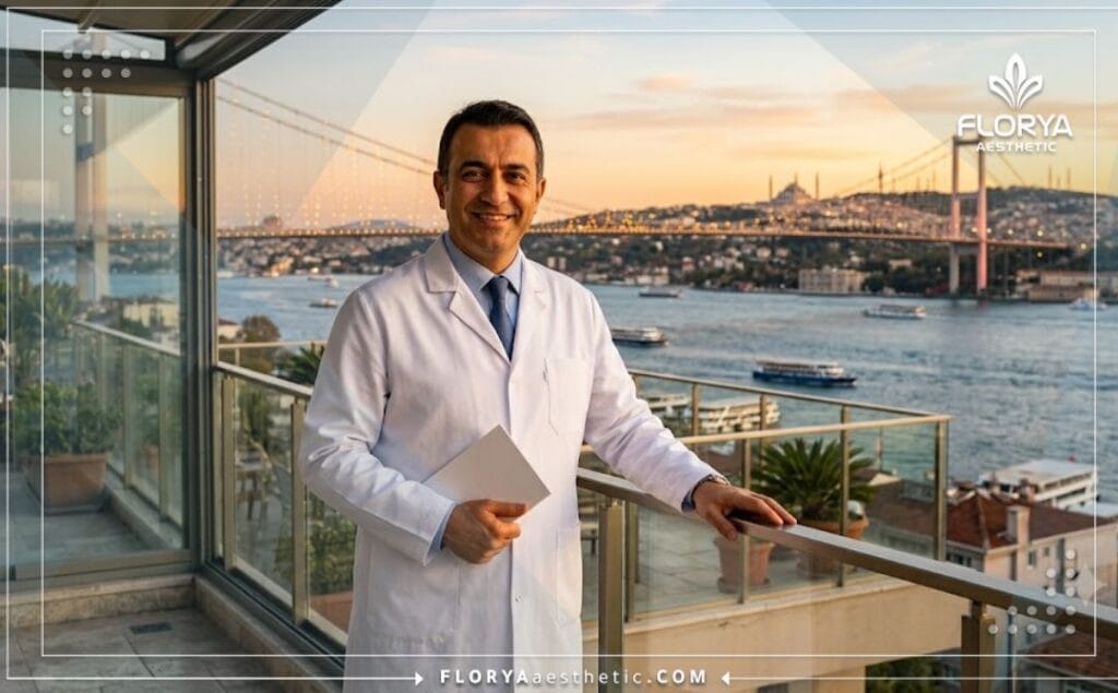 Friendly aesthetic surgeon standing in front of a beautiful Istanbul landscape.