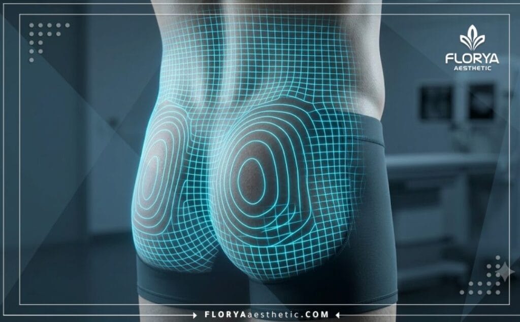 High-tech 3D topographical scan mapping the gluteal area for precise contouring.