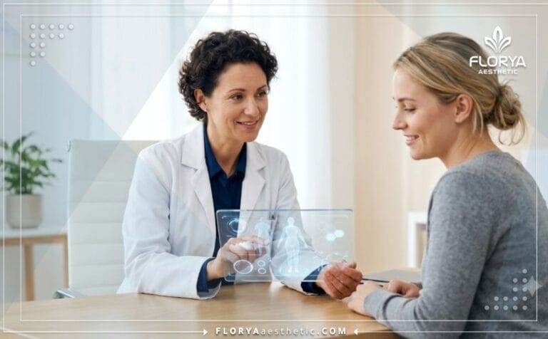 طبيب محترف يشرح خطة العلاج عبر جهاز لوحي في أفضل عيادة شفط دهون الظهر في تركيا بأسلوب عصري.