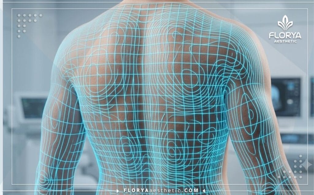 مسح رقمي ثلاثي الأبعاد يوضح دقة تخطيط المنطقة الخلفية ونحت القوام.