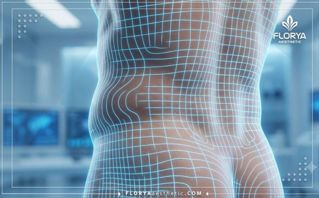 High-tech digital 3D scan visualization of the back anatomy focusing on localized fat reduction.