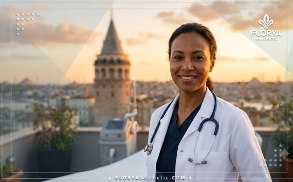 Friendly cosmetic doctor welcoming patients in Istanbul with city landmark.