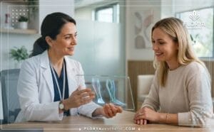 طبيب يشرح خطة العلاج في أفضل عيادة شفط دهون الساقين والكاحلين في تركيا باستخدام جهاز لوحي متطور.