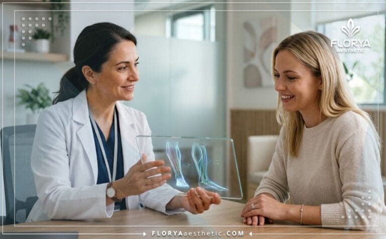 طبيب يشرح خطة العلاج في أفضل عيادة شفط دهون الساقين والكاحلين في تركيا باستخدام جهاز لوحي متطور.