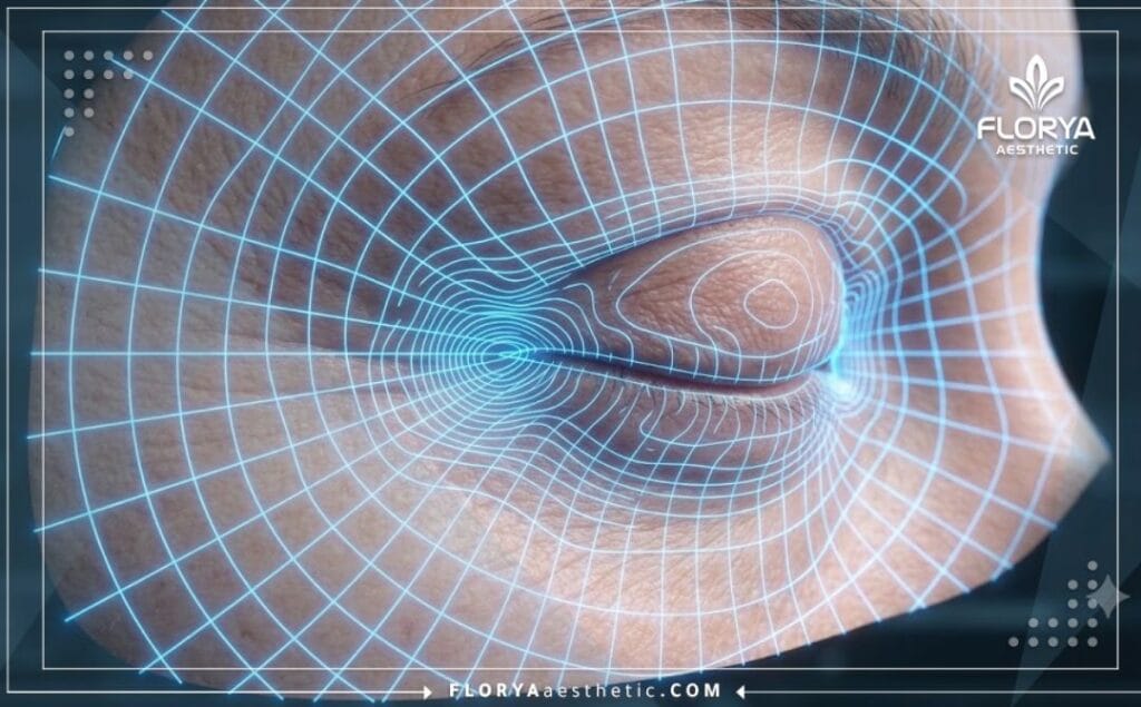 مسح رقمي ثلاثي الأبعاد يركز على منطقة العين لتحليل دقيق قبل عملية التجميل.