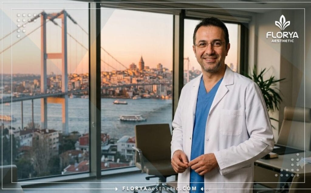 طبيب تجميل متخصص يبتسم مع خلفية لمعالم إسطنبول السياحية للترحيب بالمرضى.