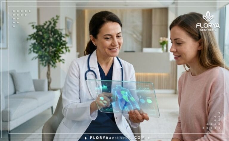 طبيب يشرح خطة العلاج في أفضل عيادة شفط دهون الساقين والكاحلين في تركيا باستخدام جهاز لوحي متطور.