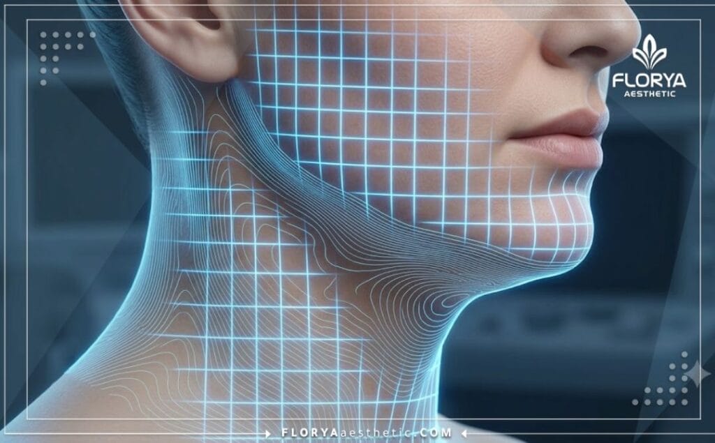 مسح رقمي ثلاثي الأبعاد يركز على منطقة الذقن والرقبة لتحديد دقيق قبل الإجراء التجميلي
