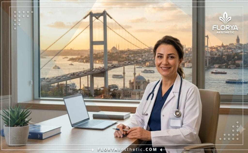 طبيب تجميل متخصص يرحب بالمرضى في اسطنبول مع خلفية لجسر البوسفور