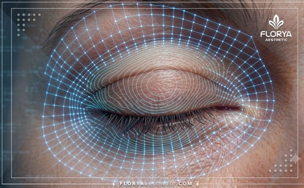 High-tech 3D macro surface scan highlighting the precise eye area for blepharoplasty.