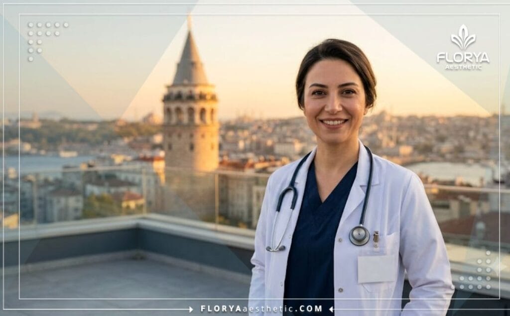 Doctor amigable especializado en estética corporal en Estambul con el puente del Bósforo de fondo.