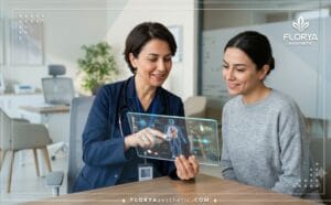 طبيب يشرح خطة العلاج في أفضل عيادة شد البطن الكامل في تركيا باستخدام أجهزة لوحية رقمية حديثة ومتقدمة.
