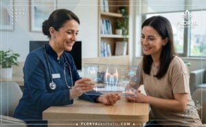 طبيب تجميل يناقش خطة علاج أفضل عيادة شد الجسم السفلي في تركيا مع مريضة باستخدام شاشة رقمية.