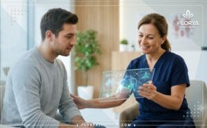 طبيب محترف يشرح خطة العلاج الرقمية داخل أفضل عيادة علاج التثدي عند الرجال في تركيا باستخدام تقنيات متطورة.