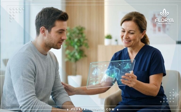 طبيب محترف يشرح خطة العلاج الرقمية داخل أفضل عيادة علاج التثدي عند الرجال في تركيا باستخدام تقنيات متطورة.